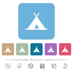 Tent flat icons on color rounded square backgrounds