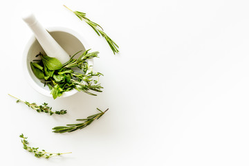 Healing herbs for medicine on white background top view mockup