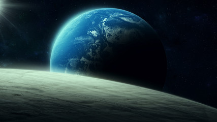 Fototapeta na wymiar planet rising over horizon in space, digital illustration 