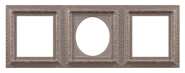 Triple silver frame (triptych) for paintings, mirrors or photos isolated on white background