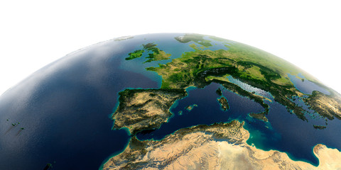 Detailed Earth on white background. Spain and the Mediterranean Sea