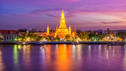 Beautiful view of Wat Arun Temple at twilight in Bangkok, Thailand