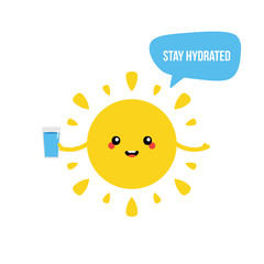 Cute and funny cartoon vector sun character, smiling, holding a glass of water and asking to stay hydrated.
