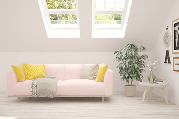 Stylish room in white color with sofa. Scandinavian interior design. 3D illustration