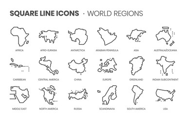 World Regions related, square line vector icon set for applications and website development. The icon set is pixelperfect with 64x64 grid. Crafted with precision and eye for quality. - obrazy, fototapety, plakaty