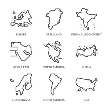 World Regions related, square line vector icon set for applications and website development. The icon set is pixelperfect with 64x64 grid. Crafted with precision and eye for quality.