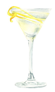 Watercolor illustration of an alcoholic cocktail Vesper Martini which is a favorite drink of James Bond
