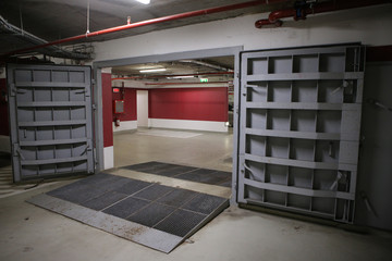 Details with the heavy metal doors of a nuclear explosion shelter (fallout shelter), four stories...