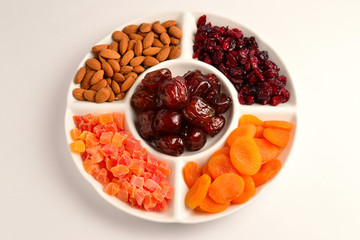 Mix of dried fruits and nuts. Apricot, raisin, cranberry, dates fruit. Isolated on a white background. Space for text or design.