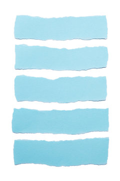 Collection of blue paper stripes with torn edges isolated on white background