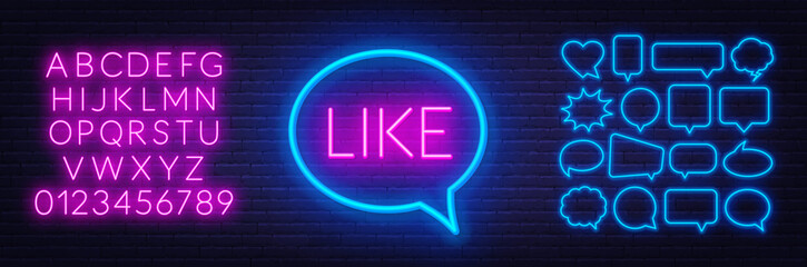Neon sign like. Set of neon speech bubbles and the alphabet on a dark background. Template for design.