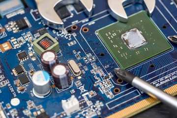 Wrench with screwdriver on motherboard. close up