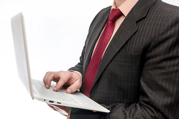 Man holding white laptop on white background