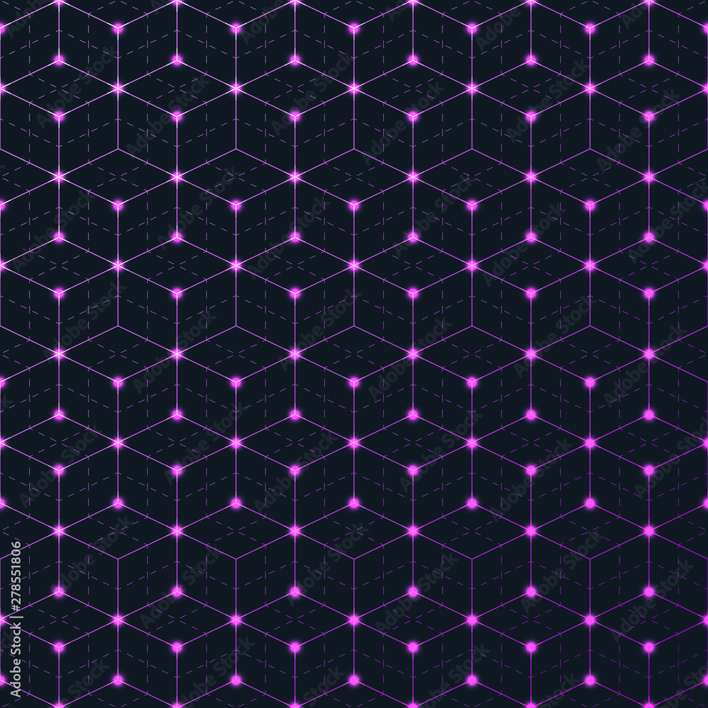 Poster seamless repeat vector pattern. network of connected purple bright circles dots. mesh, lattice, grid
