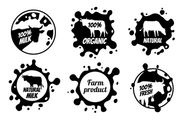 Fototapeta premium Dairy vintage vector logos, milk badges, cheese packaging labels with farm animal. Dairy badge of set, fresh milk product label and badge illustration.