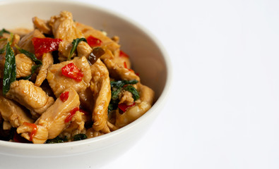 Stir-fried chicken with holy basil on white