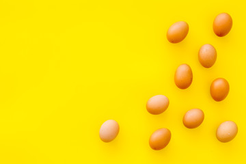 Farm products design for blog with eggs on yellow background top view space for text