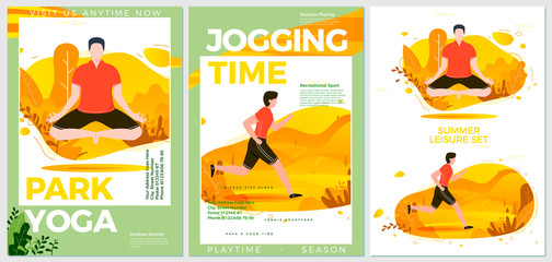 Vector summer sport posters set - yoga and running. Forests, trees and hills on background. Print template with place for your text.