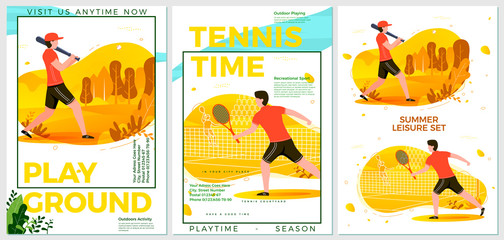 Vector summer sport posters set - cricket and tennis players. Forests, trees and hills on background. Print template with place for your text.