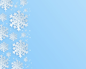 Merry Christmas and Happy new year greeting card in paper cut style background. Vector illustration Christmas celebration with origami made white snowflakes on blue background. Brochure, banner, flyer