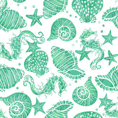 Green ornate seashell seamless pattern print background design
