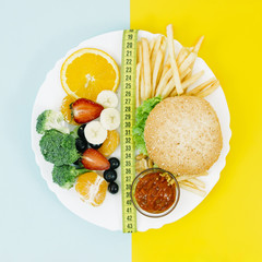 Top view healthy food vs unhealthy food