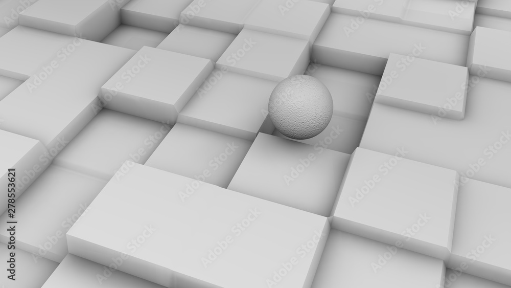 Poster 3d illustration of a white sphere on a white surface with a cubic relief. futuristic design, abstrac