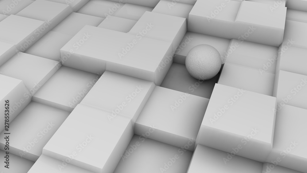 Poster 3d illustration of a white sphere on a white surface with a cubic relief. futuristic design, abstrac