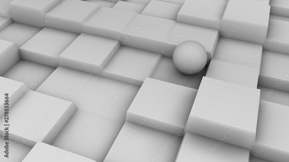 Poster 3d illustration of a white sphere on a white surface with a cubic relief. futuristic design, abstrac
