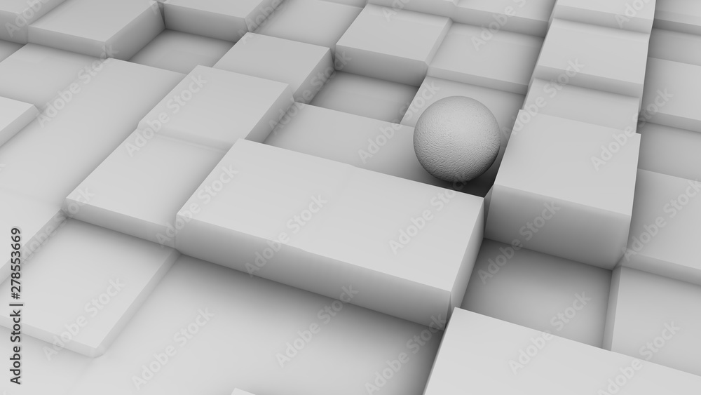 Poster 3d illustration of a white sphere on a white surface with a cubic relief. futuristic design, abstrac