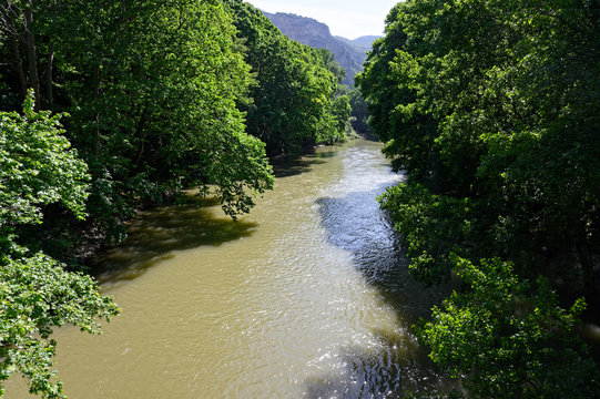 View of the Pineios river and the famous Vale of Tempe, a gorge in the Tempi municipality of northern Thessaly, Greece