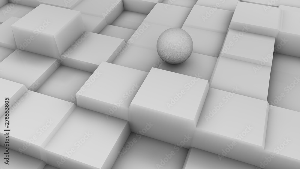 Poster 3d illustration of a white sphere on a white surface with a cubic relief. futuristic design, abstrac