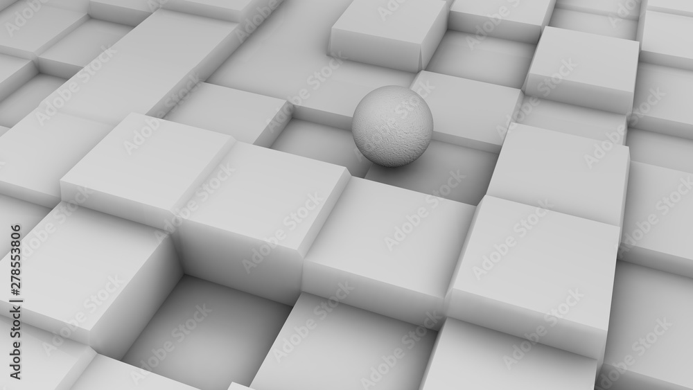 Poster 3d illustration of a white sphere on a white surface with a cubic relief. futuristic design, abstrac