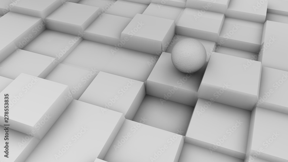 Poster 3d illustration of a white sphere on a white surface with a cubic relief. futuristic design, abstrac