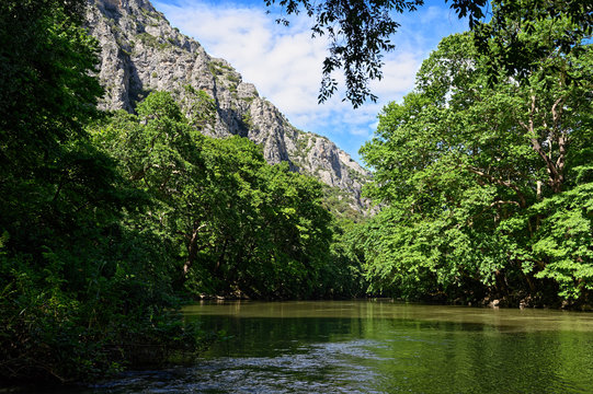 View of the Pineios river and the famous Vale of Tempe, a gorge in the Tempi municipality of northern Thessaly, Greece