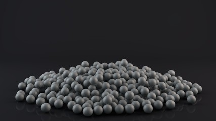 3D rendering lots of silver and chrome balls in a pile, spheres scattered on the black reflective surface. 3D illustration for futuristic background, desktop screensavers, abstract compositions.