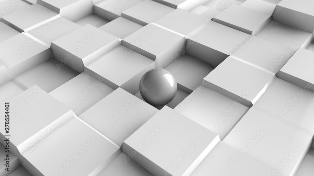 Poster 3d illustration of a white sphere on a white surface with a cubic relief. futuristic design, abstrac