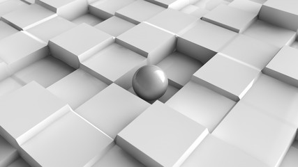 3D illustration of a white sphere on a white surface with a cubic relief. Futuristic design, abstract background for your desktop. 3D rendering of a chaotic arrangement of geometry on a surface.
