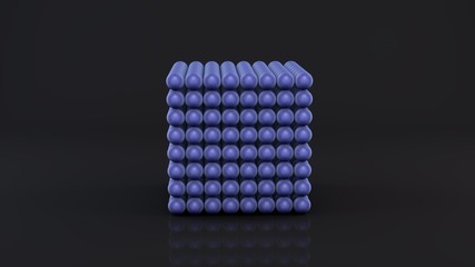3D rendering of a neocube, a geometric figure consisting of many magnetic metal balls of blue . Neocub on a dark reflective surface. Futuristic abstract 3D design. 3D rendering.
