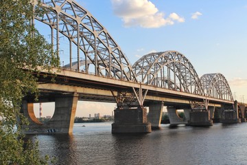 bridge over the river, bridge across the river, blue sky and pigeon water in the river