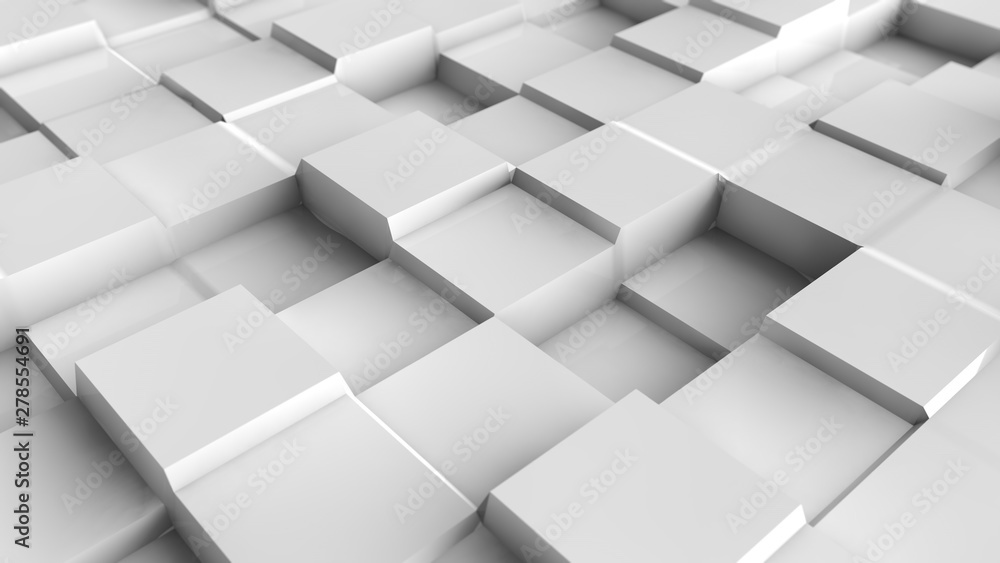 Poster 3d illustration of an abstract background of many cubic protuberances on a white surface with blurri