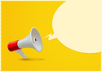 Red and white realistic megaphone and blank speech bubble isolated on yellow pop art background. Vector 3d bullhorn illustration.