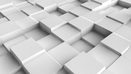 3D illustration of an abstract background of many cubic protuberances on a white surface with blurring background. Isolated on black background 3D rendering, futuristic design, abstraction.