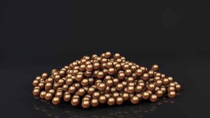 3D rendering lots of bronze and gold balls in a pile, the spheres scatter on the black reflective surface. 3D illustration for futuristic background, desktop screensavers, abstract compositions.