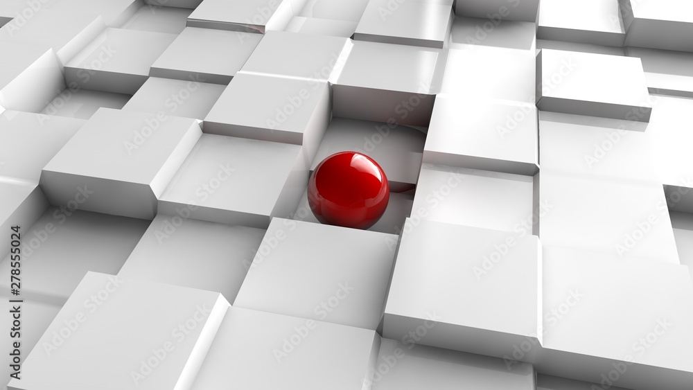Poster 3d illustration of a red sphere on a gray surface with a cubic relief. futuristic design, abstract w