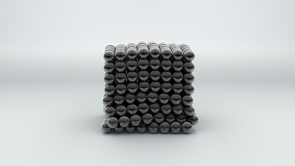 3D rendering of a neocube, a geometric figure consisting of many chrome-plated magnetic metal balls. The neocube is destroyed on a white surface, isolated. Futuristic abstract 3D design. 3D rendering.