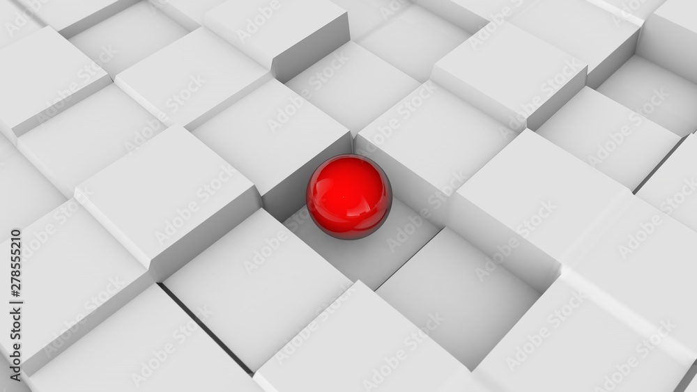 Poster 3d illustration of a red sphere on a gray surface with a cubic relief. futuristic design, abstract w