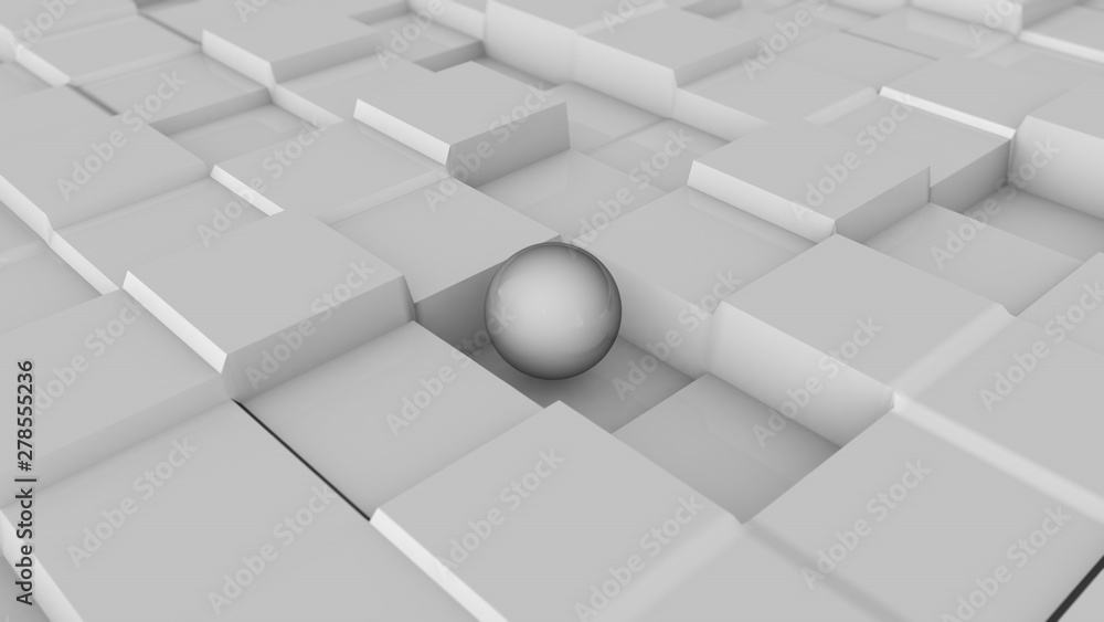 Poster 3d illustration of a white sphere on a white surface with a cubic relief. futuristic design, abstrac