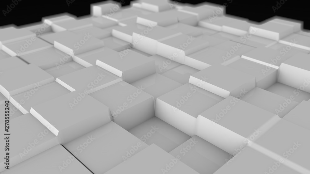 Poster 3d illustration of an abstract background of many cubic protuberances on a white surface with blurri