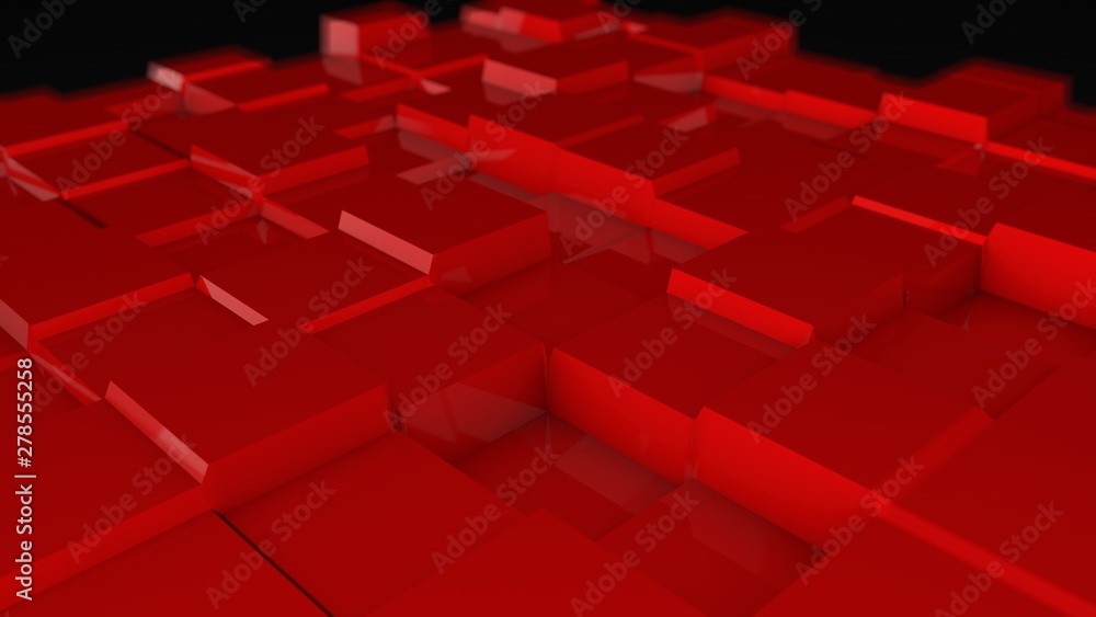 Poster 3d illustration of abstract background made of many cubical bumps on the red surface with the blurri